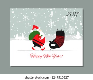 Christmas card, santa pig in forest. Symbol of 2019