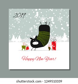 Christmas card, santa pig in forest. Symbol of 2019