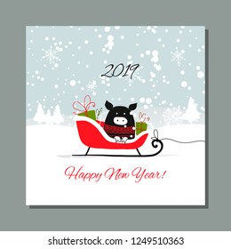 Christmas card, santa pig in forest. Symbol of 2019