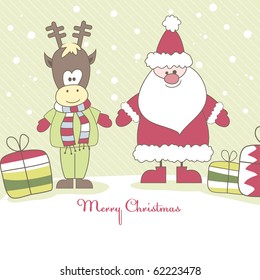 Christmas card with Santa, Reindeer and colorful gift boxes. Vector illustration