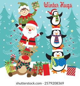 Christmas card with Santa, reindeer, elf and penguins