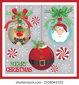 Christmas card with Santa and reindeer in hanging baubles