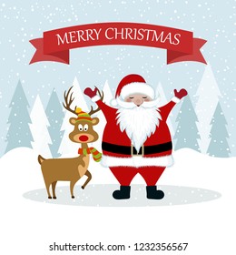 Christmas card with Santa and reindeer. Christmas poster. Vector