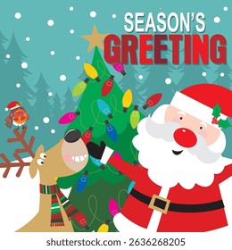Christmas card with santa, reindeer and christmas tree