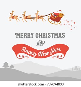 Christmas card, Santa riding sleigh with reindeer, vector