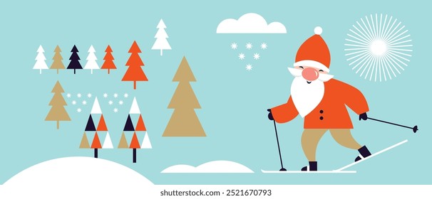 Christmas Card, Santa ski illustration in geometric decorative scandinavian style