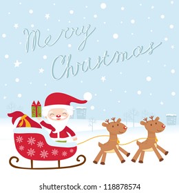 A Christmas card with santa in sledge