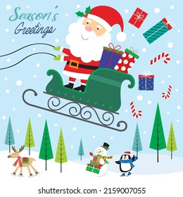 Christmas card with santa and christmas sleigh