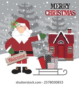 Christmas card with santa, sleigh and house