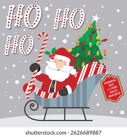 Christmas card with Santa, sleigh, tree and candy cane