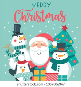 Christmas card with Santa, snowman ans penguin. Vector illustration.