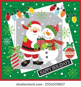 Christmas card with Santa, snowman and baubles