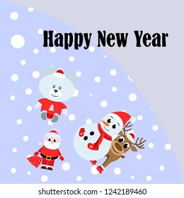 Christmas card, Santa snowman deer bear bag, vector background