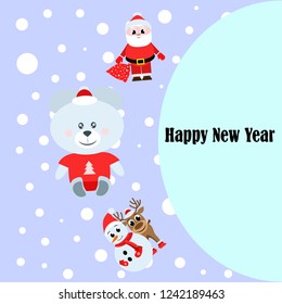 Christmas card, Santa snowman deer bear bag, vector background