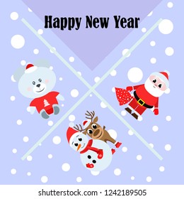 Christmas card, Santa snowman deer bear bag, vector background