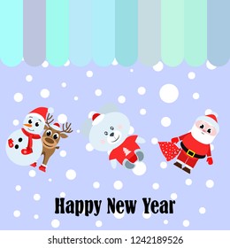 Christmas card, Santa snowman deer bear bag, vector background