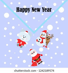 Christmas card, Santa snowman deer bear bag, vector background