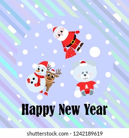 Christmas card, Santa snowman deer bear bag, vector background