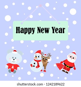 Christmas card, Santa snowman deer bear bag, vector background