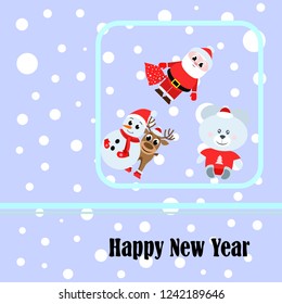Christmas card, Santa snowman deer bear bag, vector background