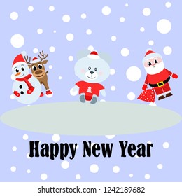 Christmas card, Santa snowman deer bear bag, vector background