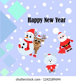 Christmas card, Santa snowman deer bear bag, vector background
