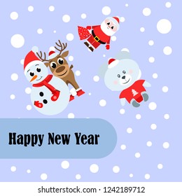 Christmas card, Santa snowman deer bear bag, vector background