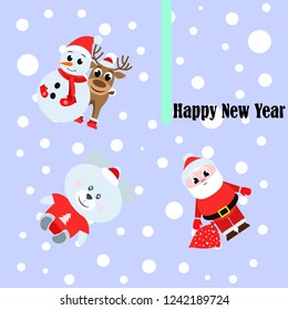 Christmas card, Santa snowman deer bear bag, vector background