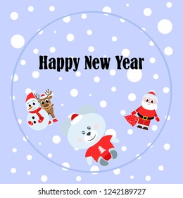 Christmas card, Santa snowman deer bear bag, vector background