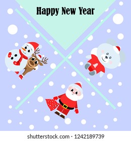 Christmas card, Santa snowman deer bear bag, vector background