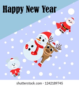 Christmas card, Santa snowman deer bear bag, vector background