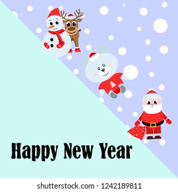 Christmas card, Santa snowman deer bear bag, vector background