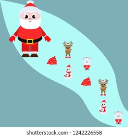 Christmas card, Santa snowman deer bear bag, vector background