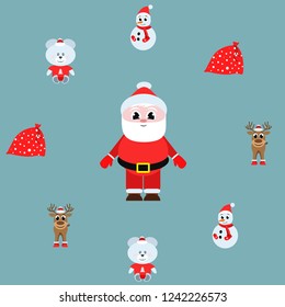 Christmas card, Santa snowman deer bear bag, vector background