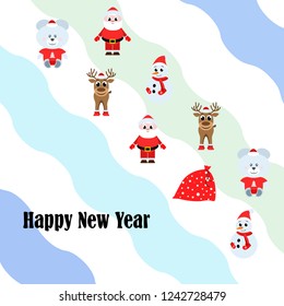 Christmas card, Santa snowman deer bear bag, vector background