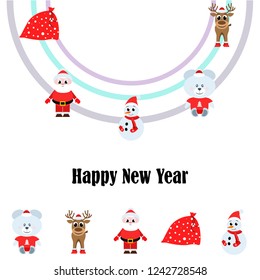 Christmas card, Santa snowman deer bear bag, vector background