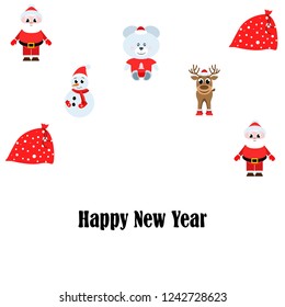 Christmas card, Santa snowman deer bear bag, vector background