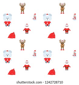 Christmas card, Santa snowman deer bear bag, vector background