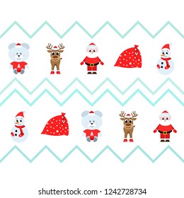 Christmas card, Santa snowman deer bear bag, vector background