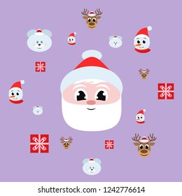 Christmas card, Santa snowman deer bear bag, vector background