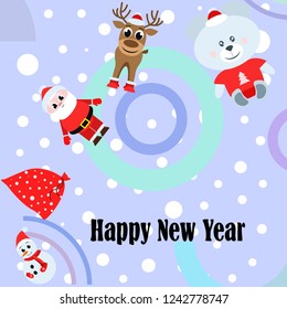 Christmas card with Santa snowman, deer, bear, bag, vector background