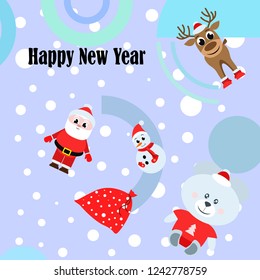Christmas card with Santa snowman, deer, bear, bag, vector background