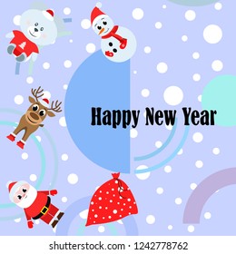 Christmas card with Santa snowman, deer, bear, bag, vector background