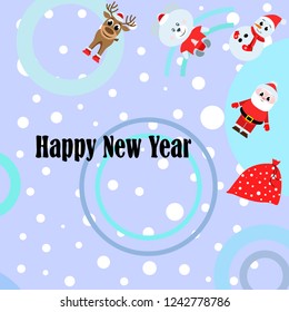 Christmas card with Santa snowman, deer, bear, bag, vector background