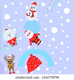 Christmas card, Santa snowman deer bear bag, vector background