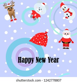 Christmas card with Santa snowman, deer, bear, bag, vector background