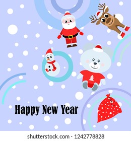 Christmas card with Santa snowman, deer, bear, bag, vector background