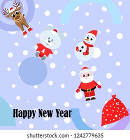 Christmas card, Santa snowman deer bear bag, vector background