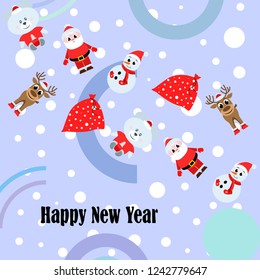 Christmas card, Santa snowman deer bear bag, vector background