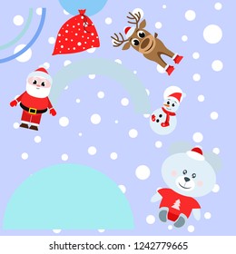 Christmas card, Santa snowman deer bear bag, vector background